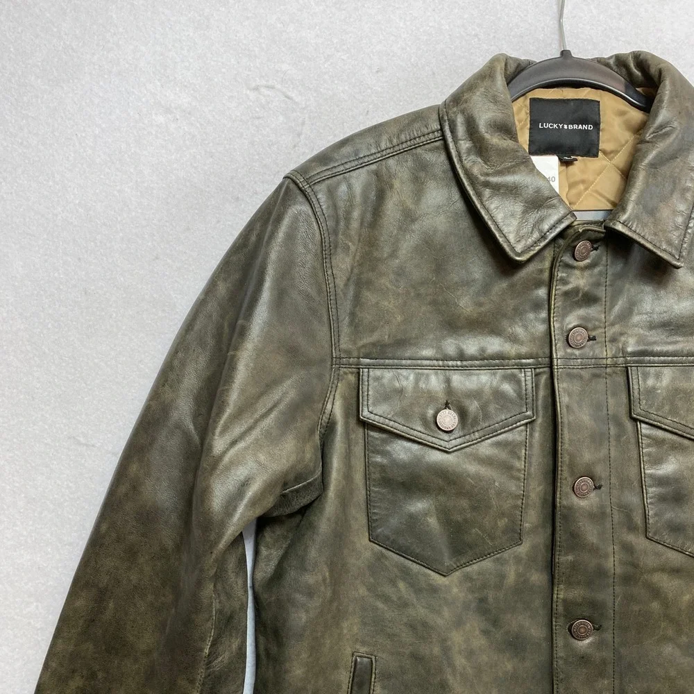Lucky Brand Leather Trucker Jacket Mens M Olive Green Distressed Quilted Lining